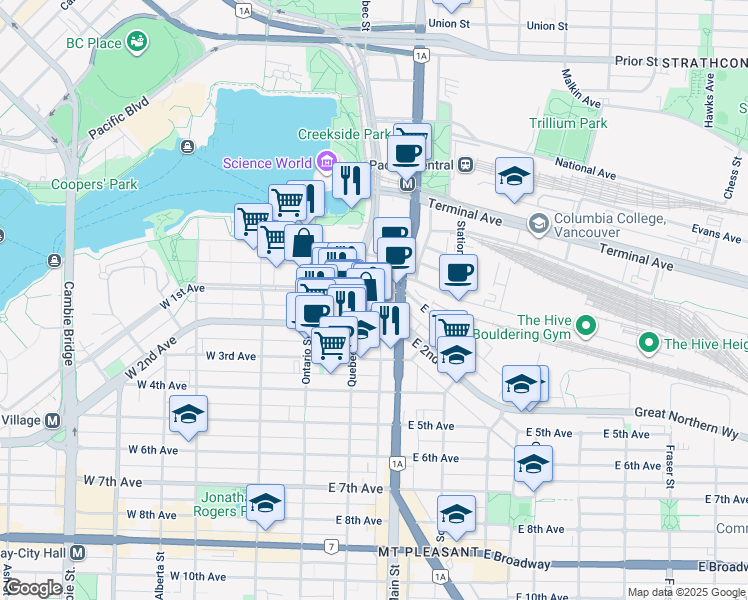 map of restaurants, bars, coffee shops, grocery stores, and more near in Vancouver