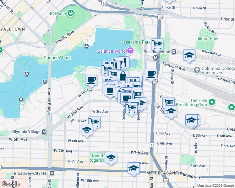 map of restaurants, bars, coffee shops, grocery stores, and more near in Vancouver