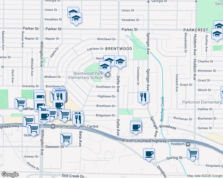 map of restaurants, bars, coffee shops, grocery stores, and more near 4860 Southlawn Drive in Burnaby