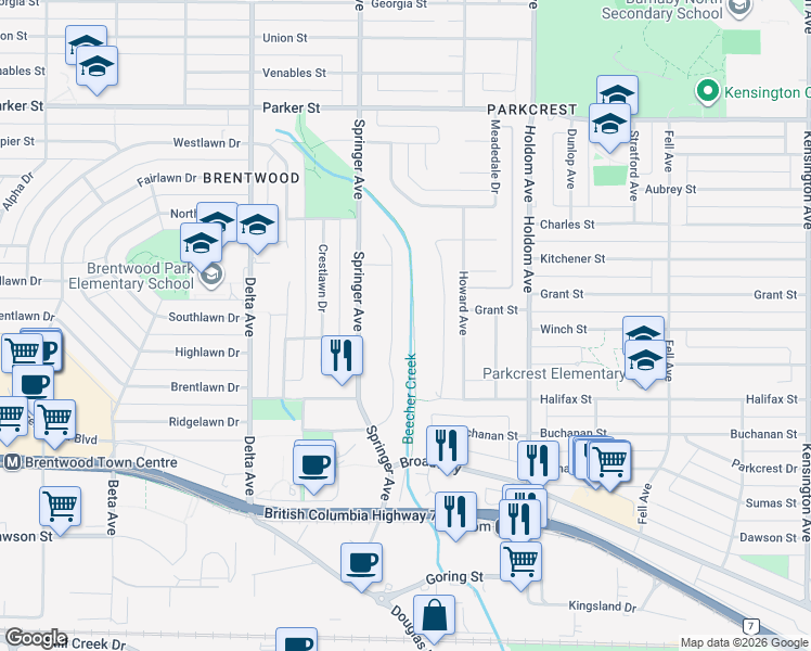 map of restaurants, bars, coffee shops, grocery stores, and more near 5393 Braelawn Drive in Burnaby