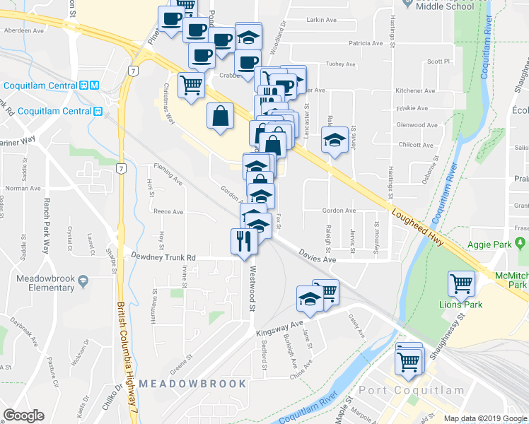 map of restaurants, bars, coffee shops, grocery stores, and more near 3200 Westwood Street in Port Coquitlam