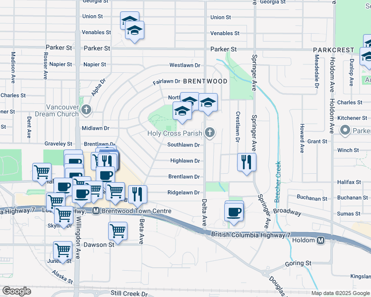 map of restaurants, bars, coffee shops, grocery stores, and more near 4830 Southlawn Drive in Burnaby