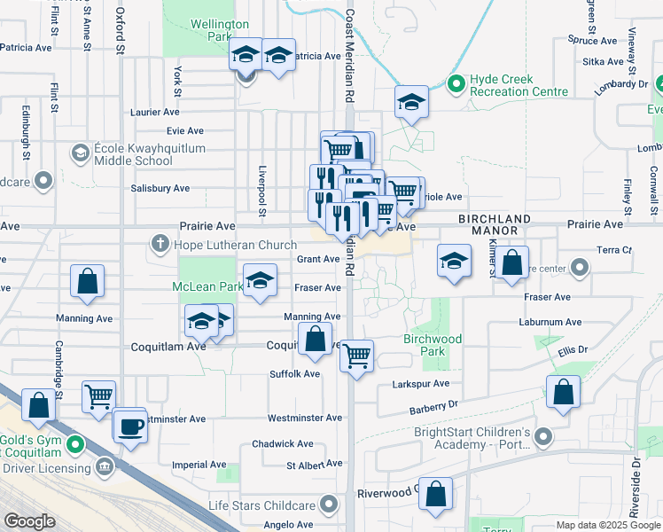 map of restaurants, bars, coffee shops, grocery stores, and more near 1526 Grant Avenue in Port Coquitlam