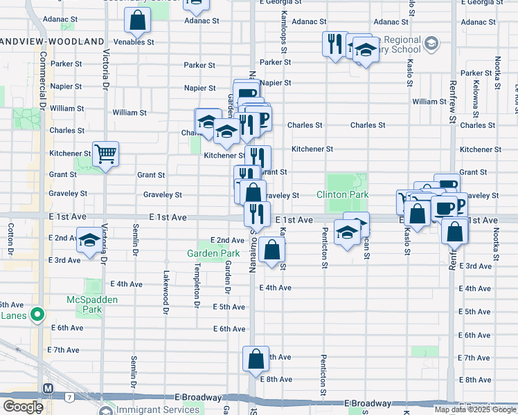 map of restaurants, bars, coffee shops, grocery stores, and more near in Vancouver