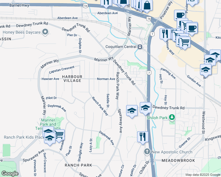 map of restaurants, bars, coffee shops, grocery stores, and more near 1005 Saddle Street in Coquitlam