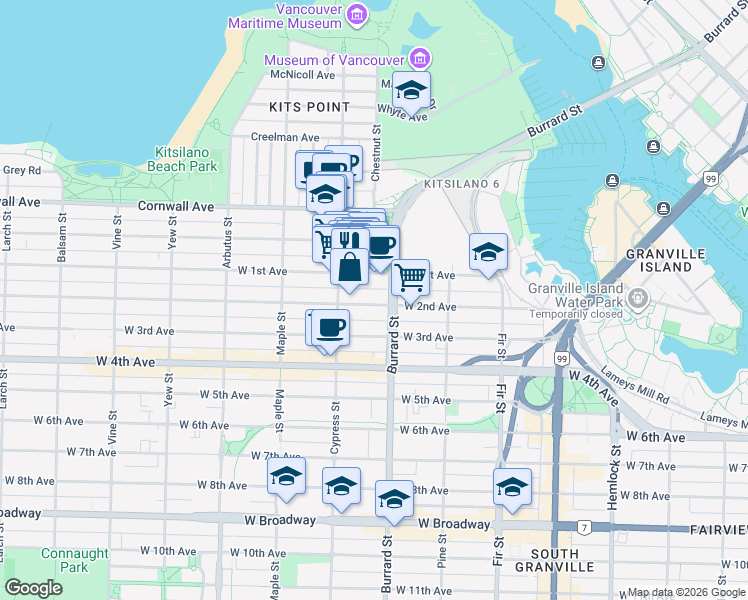 map of restaurants, bars, coffee shops, grocery stores, and more near 1831 West 2nd Avenue in Vancouver