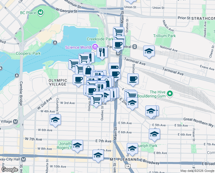 map of restaurants, bars, coffee shops, grocery stores, and more near 134 East 1st Avenue in Vancouver