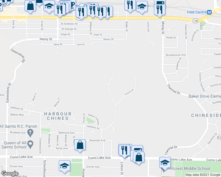 map of restaurants, bars, coffee shops, grocery stores, and more near 1838 Harbour Drive in Coquitlam