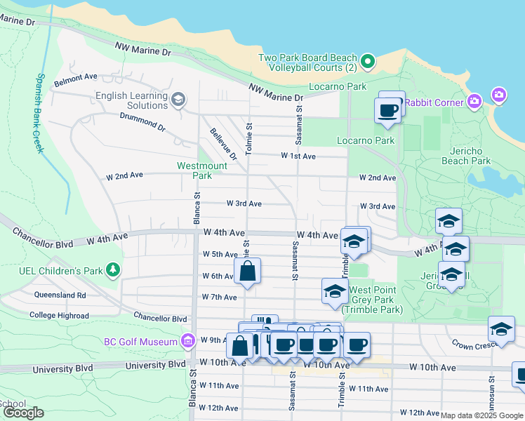 map of restaurants, bars, coffee shops, grocery stores, and more near 4572 West 3rd Avenue in Vancouver