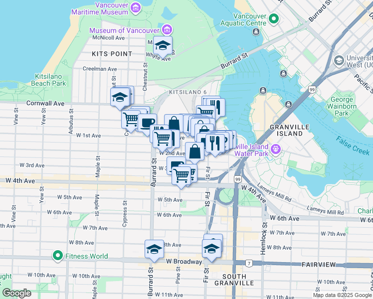 map of restaurants, bars, coffee shops, grocery stores, and more near in Vancouver