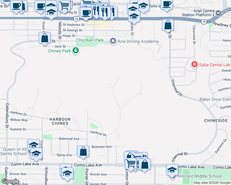map of restaurants, bars, coffee shops, grocery stores, and more near 1838 Harbour Drive in Coquitlam