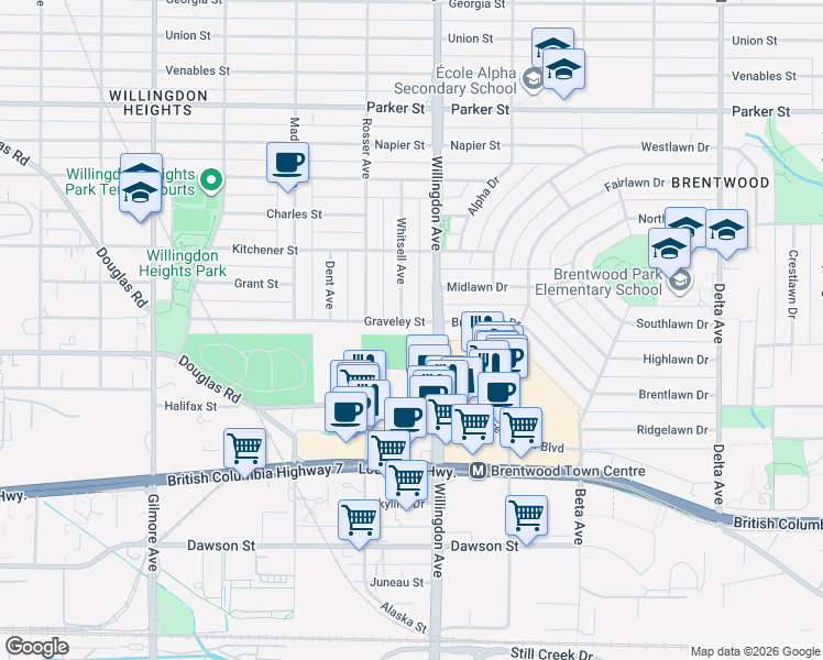 map of restaurants, bars, coffee shops, grocery stores, and more near 4468 Graveley Street in Burnaby
