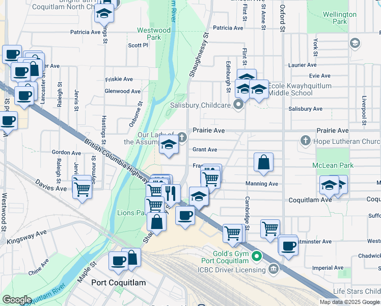 map of restaurants, bars, coffee shops, grocery stores, and more near 2192 Grant Avenue in Port Coquitlam