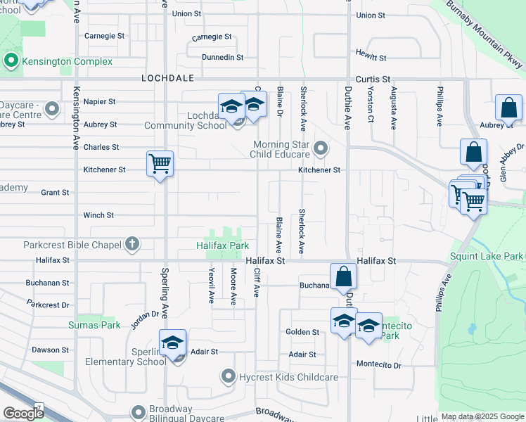 map of restaurants, bars, coffee shops, grocery stores, and more near 1566 Cliff Avenue in Burnaby
