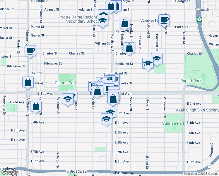 map of restaurants, bars, coffee shops, grocery stores, and more near in Vancouver