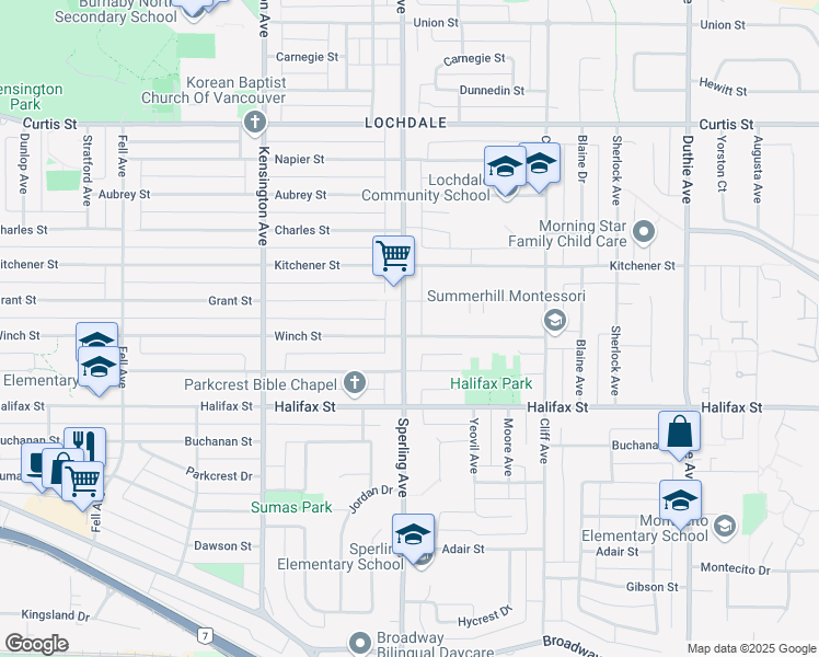 map of restaurants, bars, coffee shops, grocery stores, and more near 1570 Sperling Avenue in Burnaby