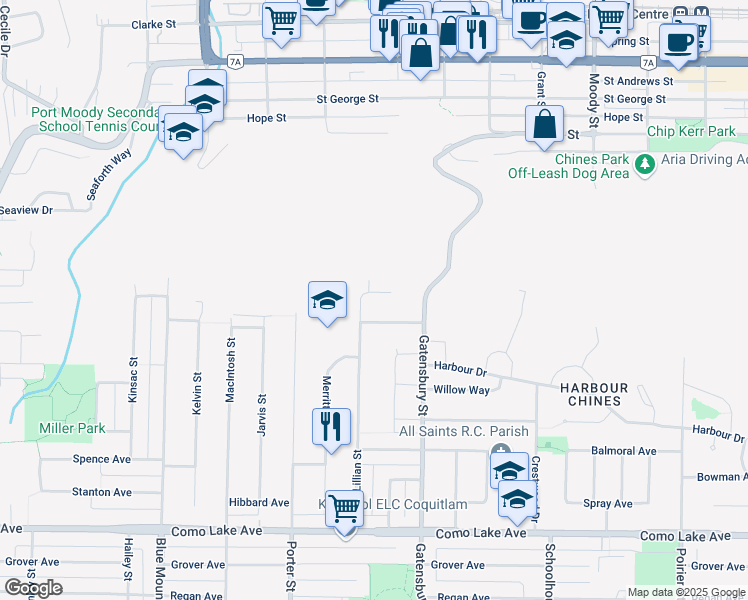 map of restaurants, bars, coffee shops, grocery stores, and more near 1124 Luxton Square in Coquitlam