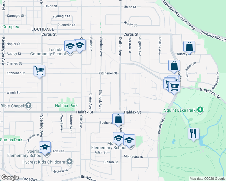 map of restaurants, bars, coffee shops, grocery stores, and more near 1572 Giles Place in Burnaby