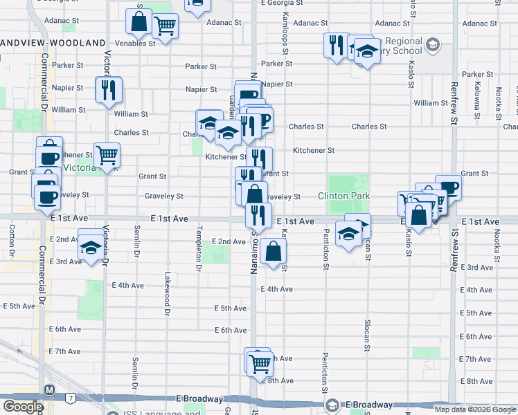 map of restaurants, bars, coffee shops, grocery stores, and more near 1648 Nanaimo Street in Vancouver