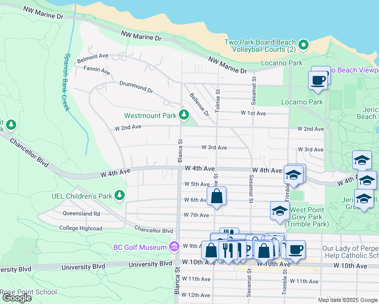 map of restaurants, bars, coffee shops, grocery stores, and more near 4678 West 3rd Avenue in Vancouver