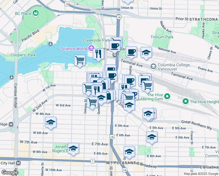 map of restaurants, bars, coffee shops, grocery stores, and more near 188 East 1st Avenue in Vancouver