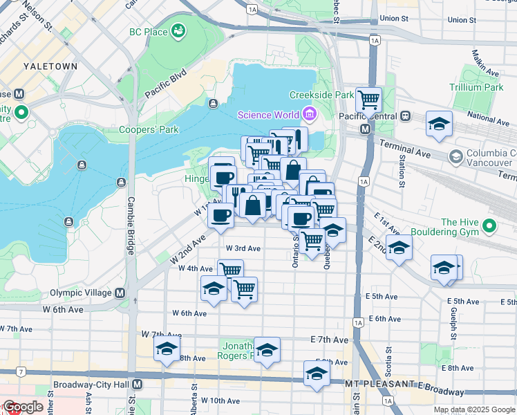 map of restaurants, bars, coffee shops, grocery stores, and more near 108 West 1st Avenue in Vancouver