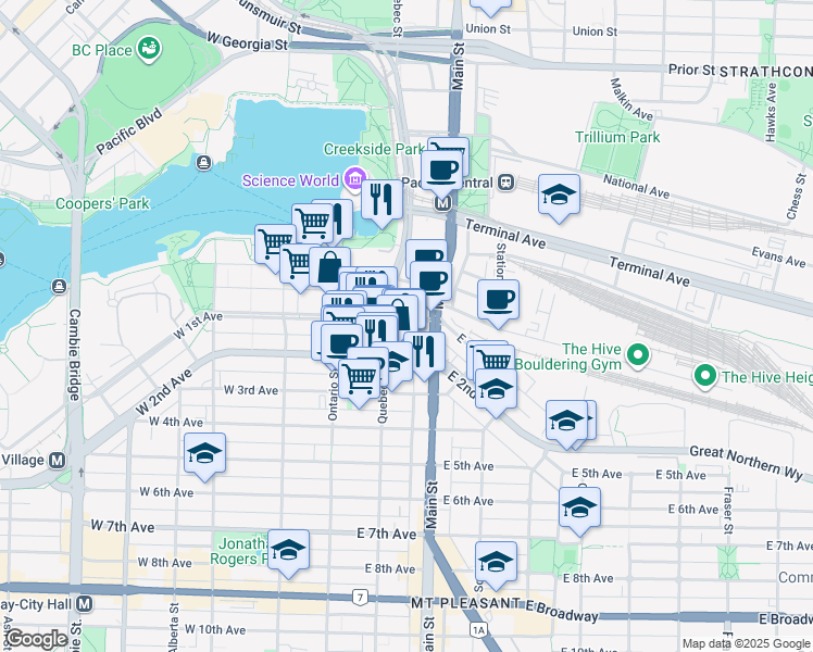 map of restaurants, bars, coffee shops, grocery stores, and more near 154 East 1st Avenue in Vancouver