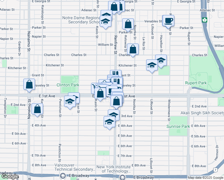 map of restaurants, bars, coffee shops, grocery stores, and more near in Vancouver