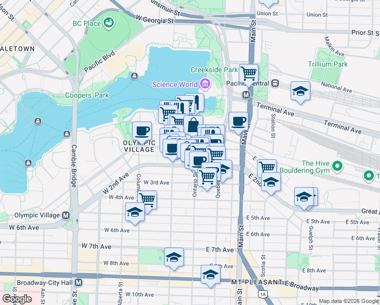 map of restaurants, bars, coffee shops, grocery stores, and more near in Vancouver