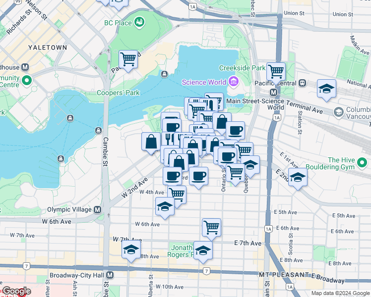 map of restaurants, bars, coffee shops, grocery stores, and more near in Vancouver