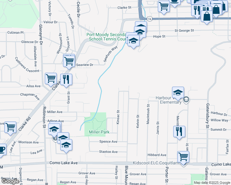 map of restaurants, bars, coffee shops, grocery stores, and more near 990 Kinsac Street in Coquitlam