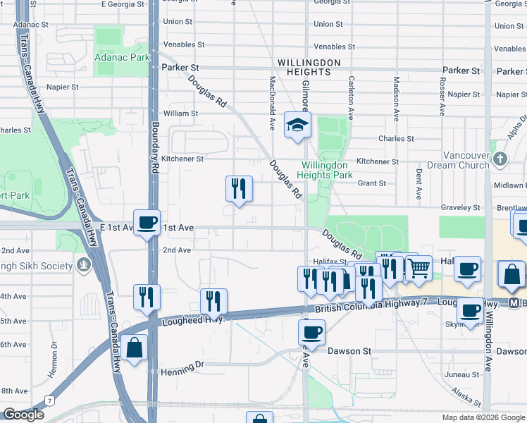 map of restaurants, bars, coffee shops, grocery stores, and more near 3993 Graveley Street in Burnaby