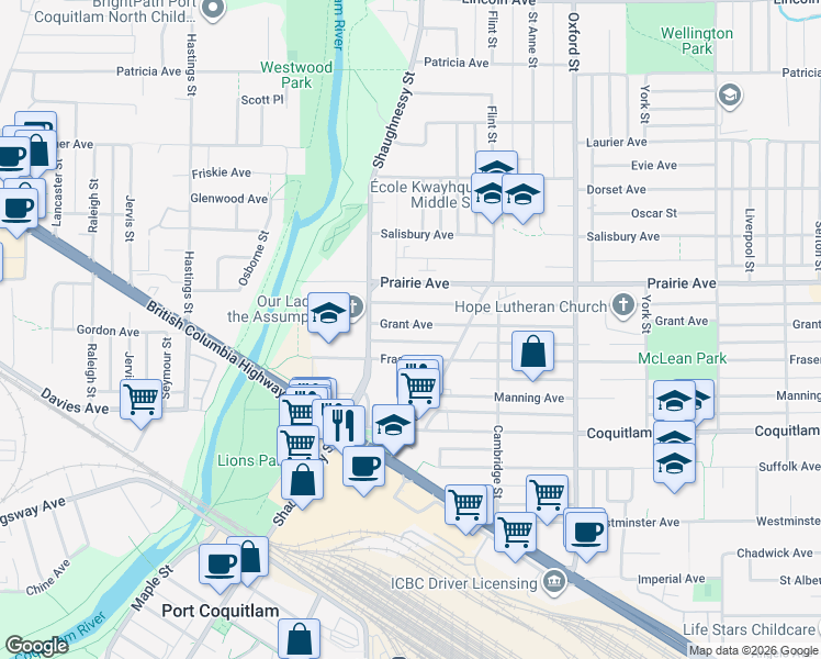 map of restaurants, bars, coffee shops, grocery stores, and more near 2160 Grant Avenue in Port Coquitlam