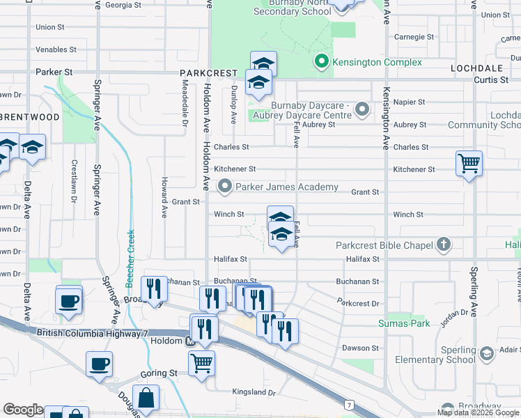 map of restaurants, bars, coffee shops, grocery stores, and more near 5953 Winch Street in Burnaby