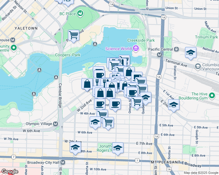 map of restaurants, bars, coffee shops, grocery stores, and more near 138 West 1st Avenue in Vancouver