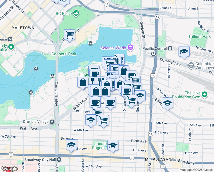 map of restaurants, bars, coffee shops, grocery stores, and more near 128 West 1st Avenue in Vancouver