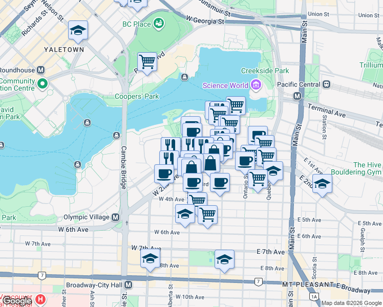 map of restaurants, bars, coffee shops, grocery stores, and more near 1708 Columbia Street in Vancouver