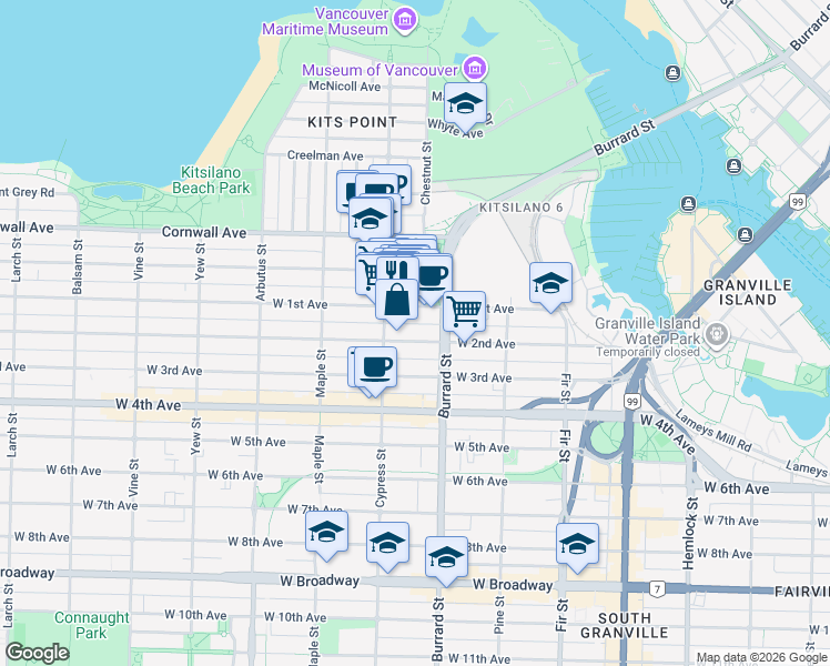 map of restaurants, bars, coffee shops, grocery stores, and more near 1855 West 2nd Avenue in Vancouver