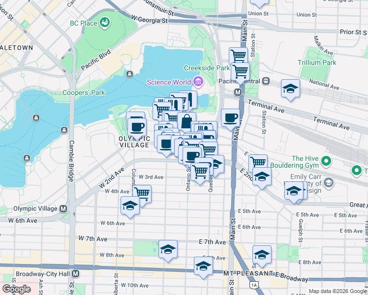 map of restaurants, bars, coffee shops, grocery stores, and more near 38 West 1st Avenue in Vancouver