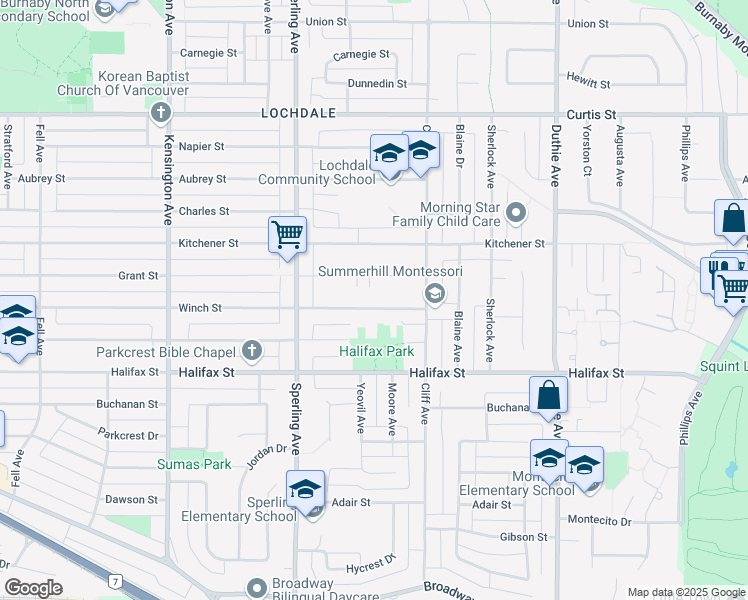 map of restaurants, bars, coffee shops, grocery stores, and more near 6891 Winch Street in Burnaby