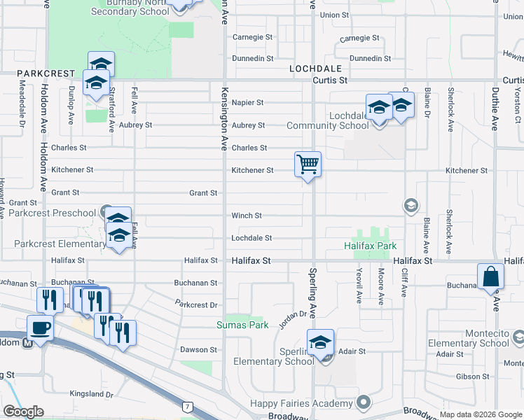 map of restaurants, bars, coffee shops, grocery stores, and more near 6591 Winch Street in Burnaby