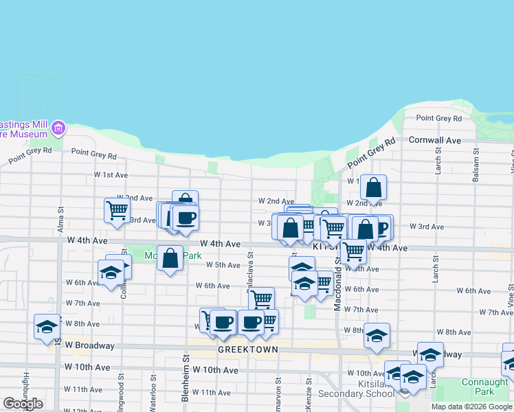 map of restaurants, bars, coffee shops, grocery stores, and more near 3086 West 2nd Avenue in Vancouver