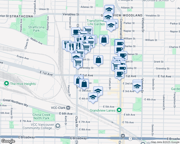 map of restaurants, bars, coffee shops, grocery stores, and more near 1419 East 1st Avenue in Vancouver