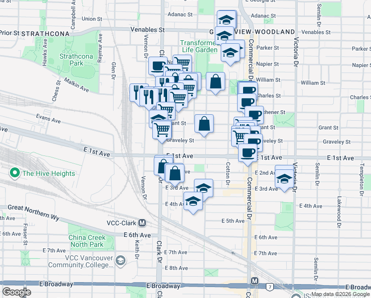 map of restaurants, bars, coffee shops, grocery stores, and more near 1407 East 1st Avenue in Vancouver