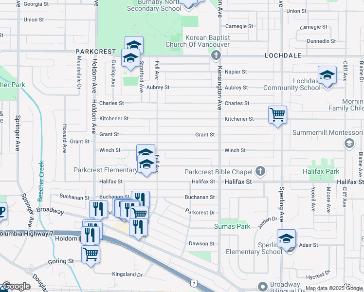 map of restaurants, bars, coffee shops, grocery stores, and more near 6255 Winch Street in Burnaby