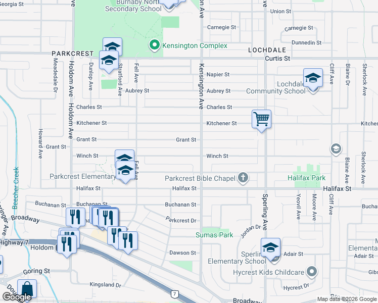map of restaurants, bars, coffee shops, grocery stores, and more near 6457 Winch Street in Burnaby