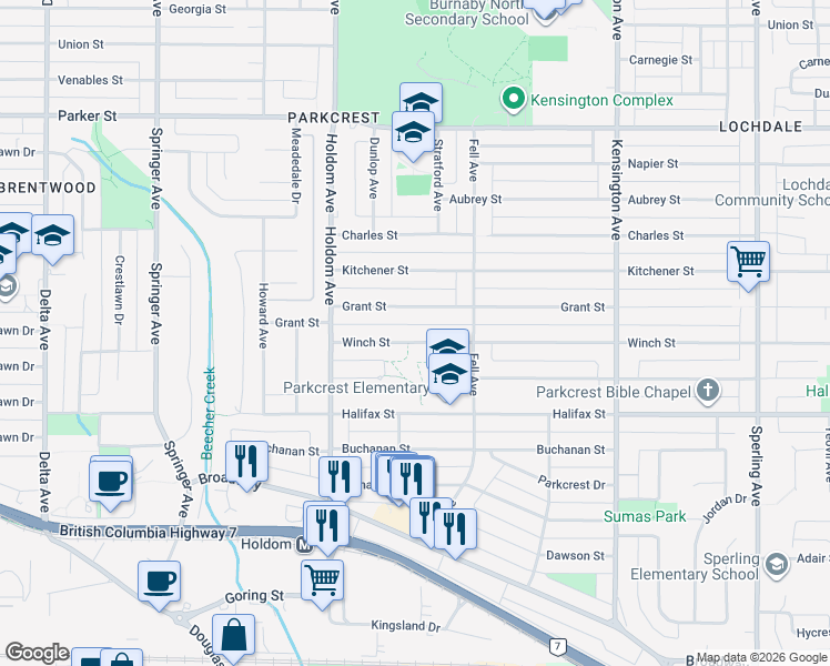 map of restaurants, bars, coffee shops, grocery stores, and more near 5953 Winch Street in Burnaby