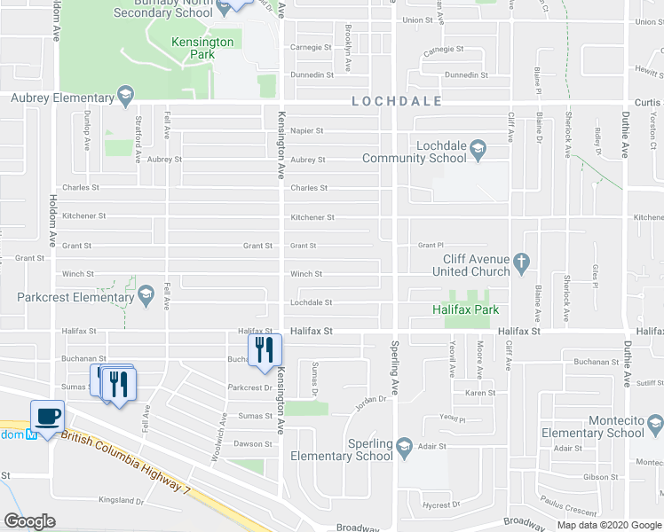 map of restaurants, bars, coffee shops, grocery stores, and more near 6591 Winch Street in Burnaby