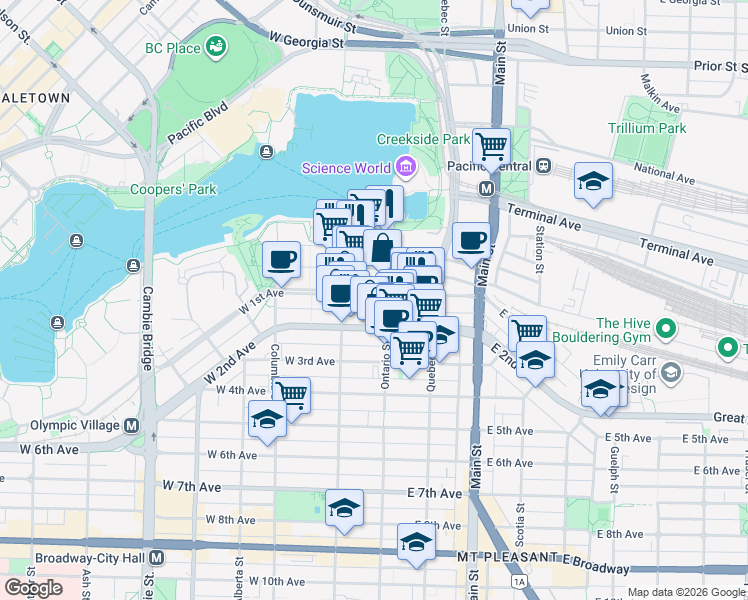 map of restaurants, bars, coffee shops, grocery stores, and more near 62 West 1st Avenue in Vancouver