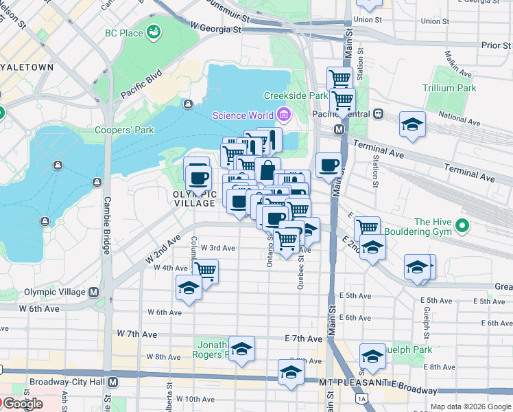 map of restaurants, bars, coffee shops, grocery stores, and more near 70 West 1st Avenue in Vancouver
